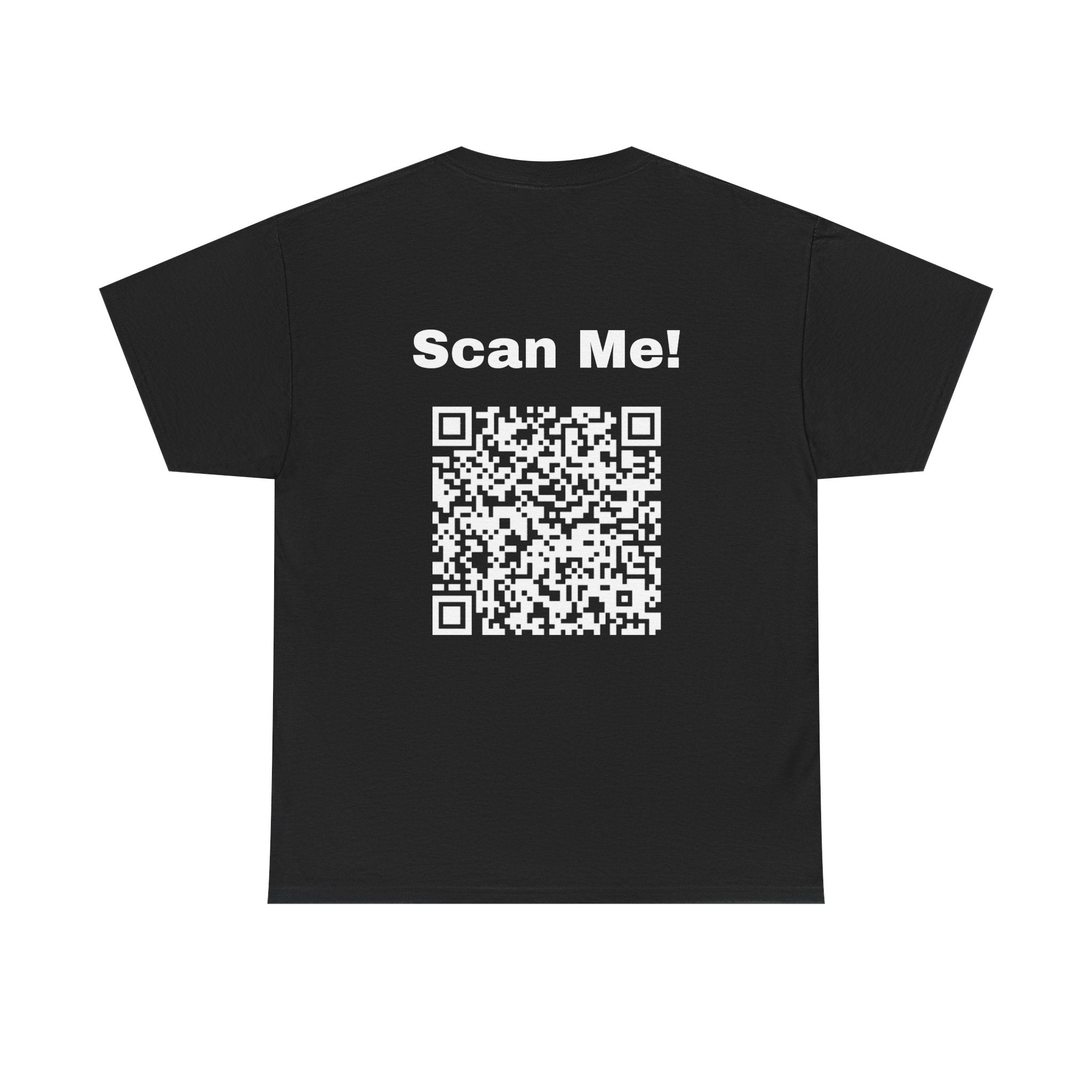 Black funny QR code t-shirt with scan me QR code for parties and bars
