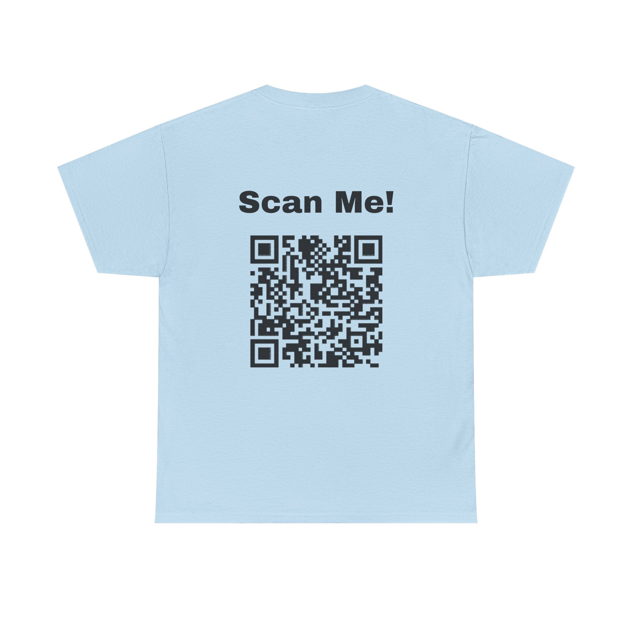 Funny QR code t-shirt in light blue with scan me design for jokes and surprise messages