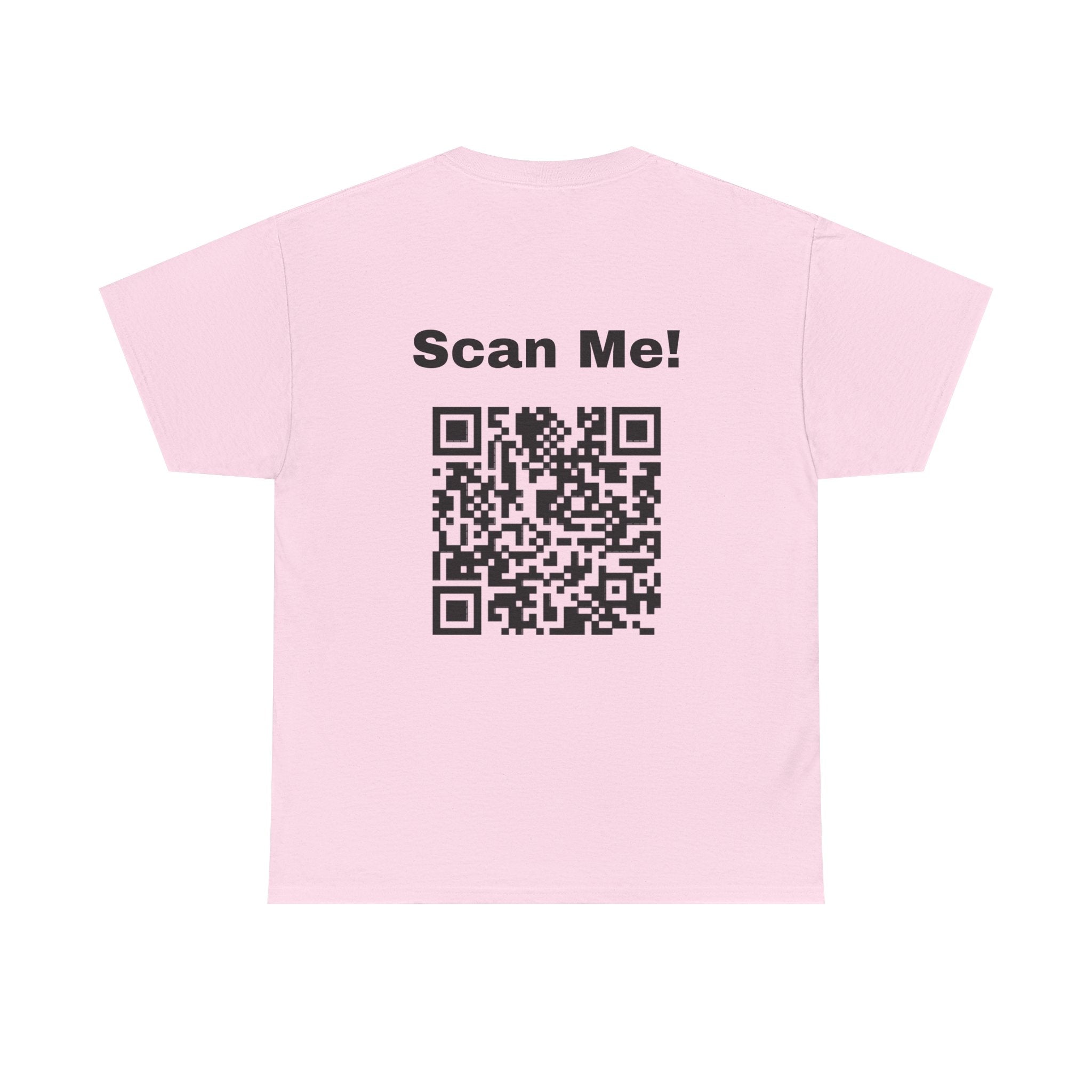 Funny QR code t-shirt in light pink featuring a scannable scan me QR code