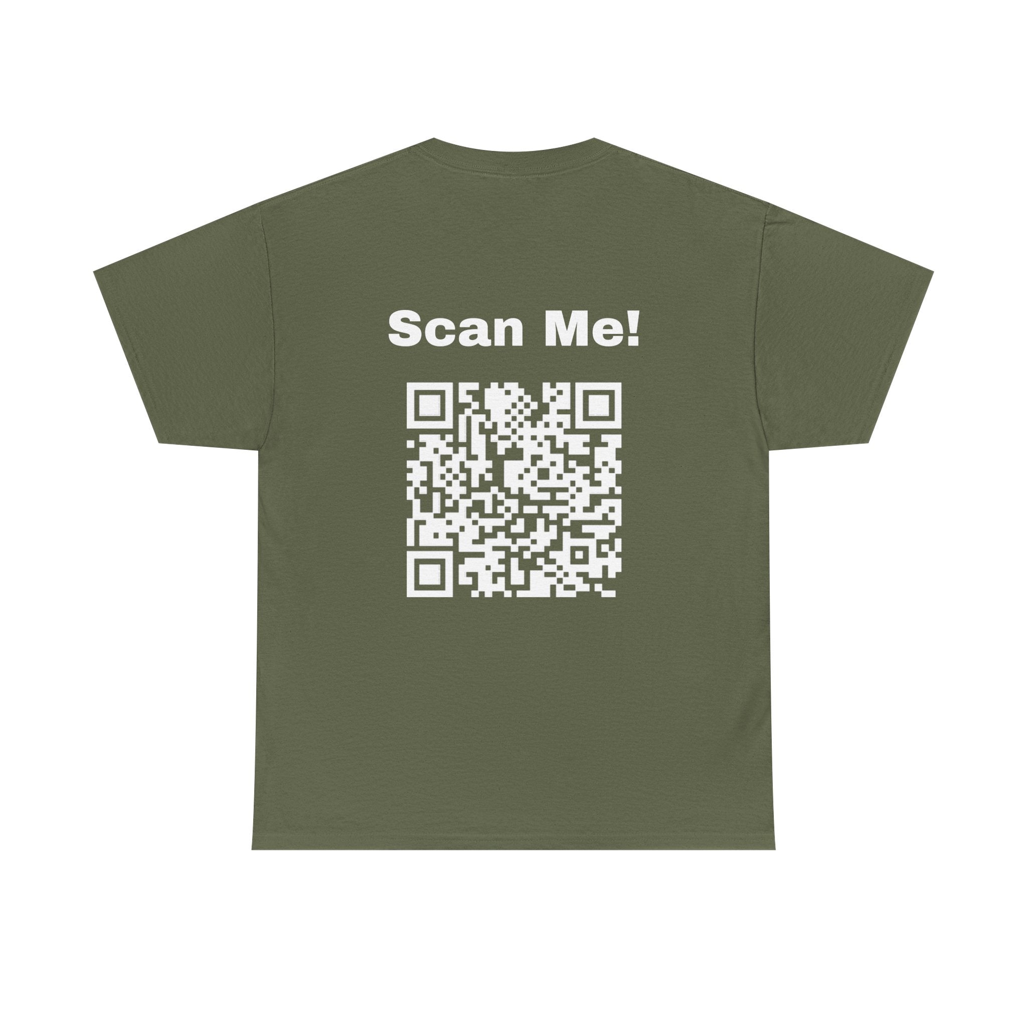Military green funny QR code t-shirt with scannable scan me QR code