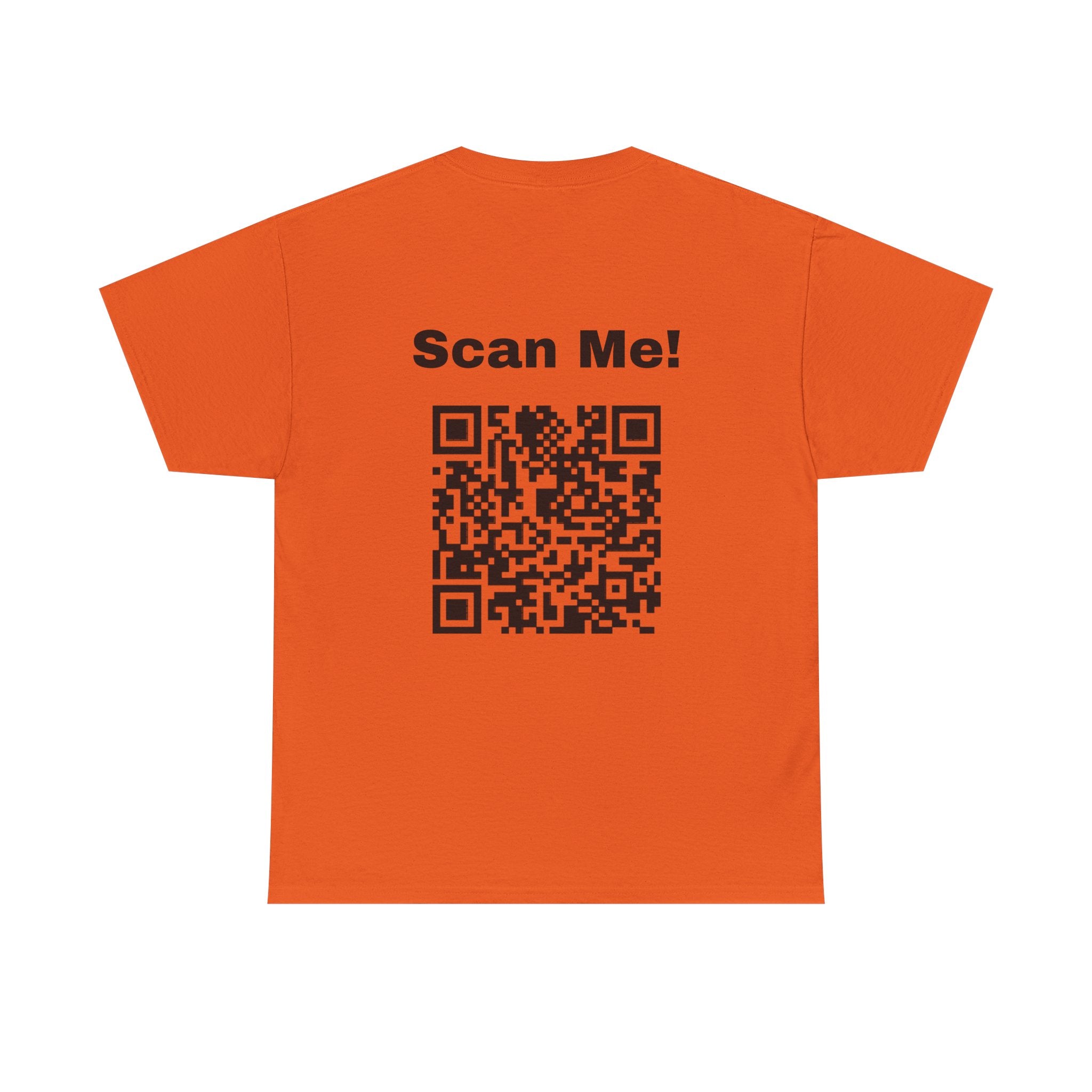 Orange funny QR code t-shirt with scan me QR code for jokes and pranks
