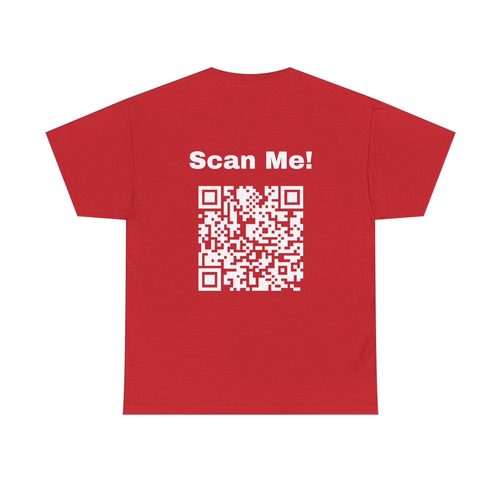 Red funny QR code t-shirt designed as a conversation starter with scan me QR code