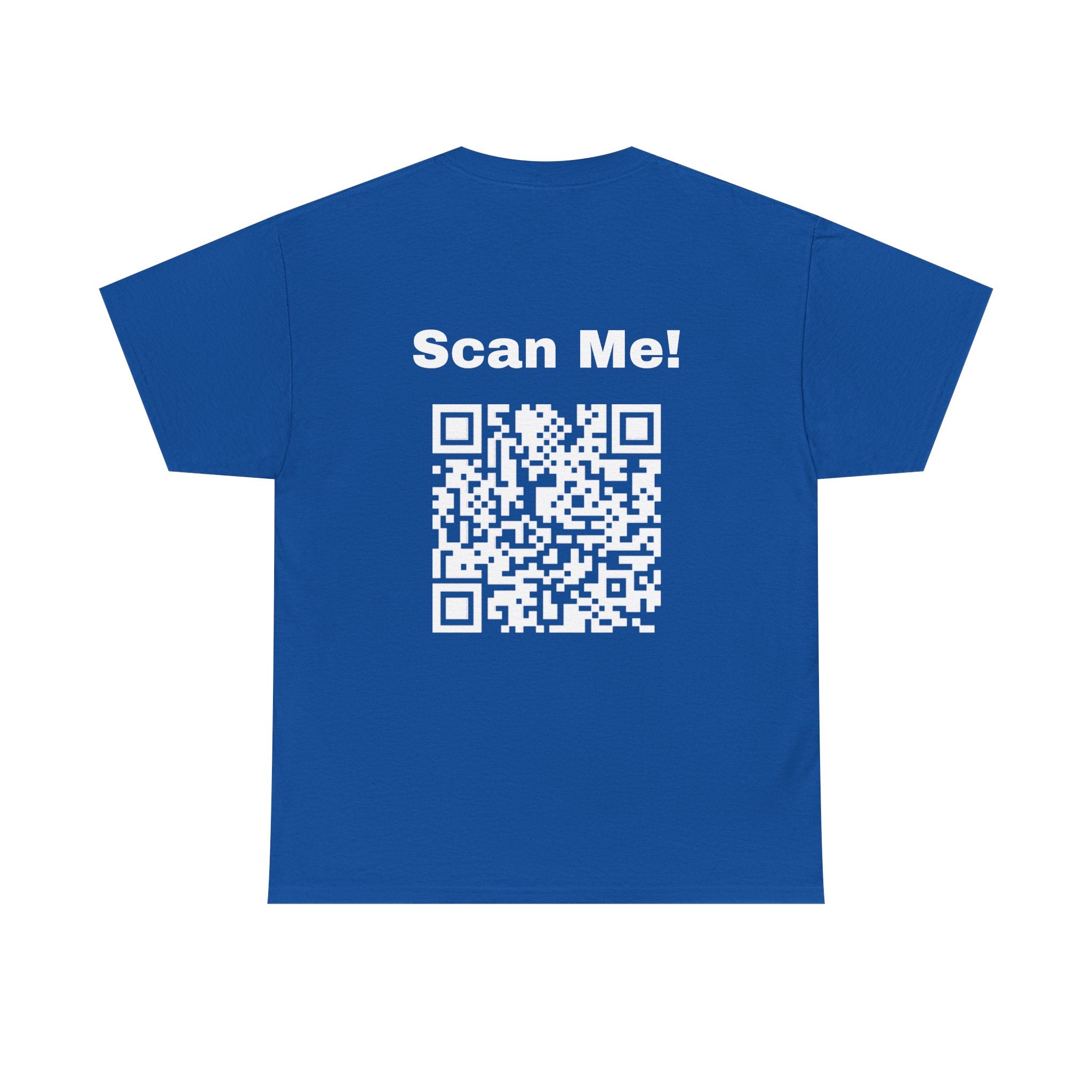 Royal blue funny QR code t-shirt with scannable scan me design