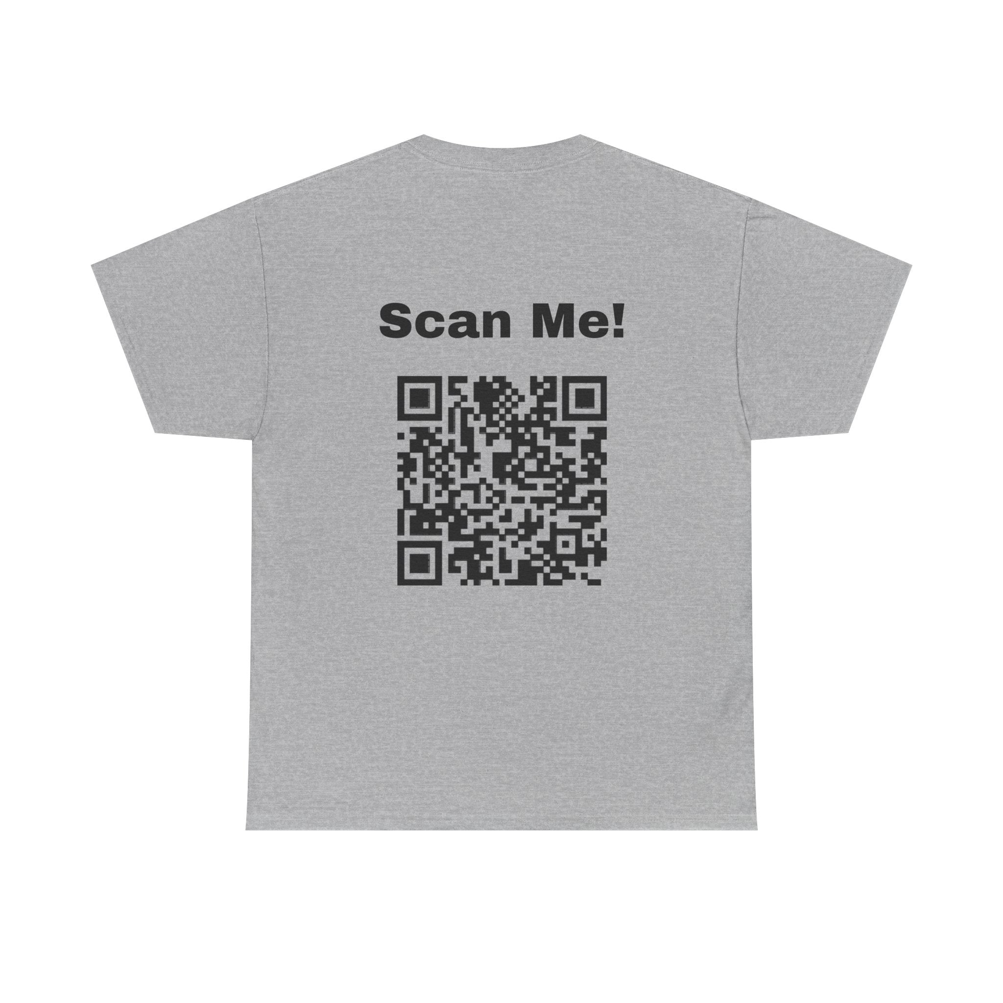 Sport grey funny QR code t-shirt featuring scan me QR code for surprise messages