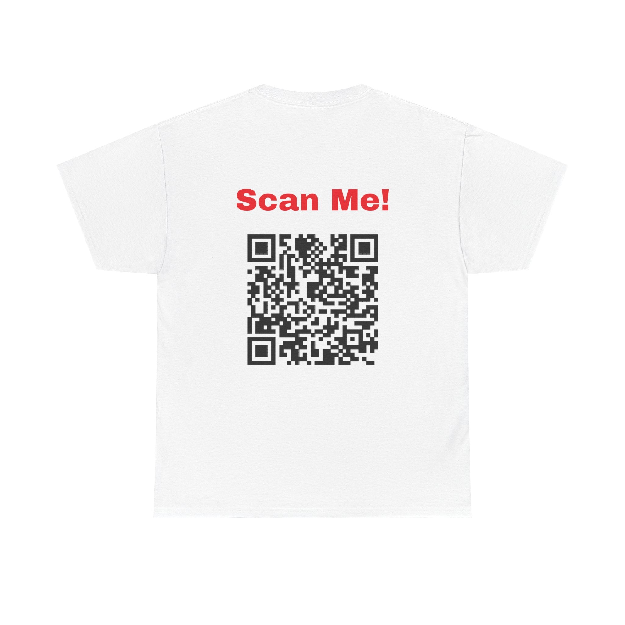 White funny QR code t-shirt with scan me QR code for jokes and social events